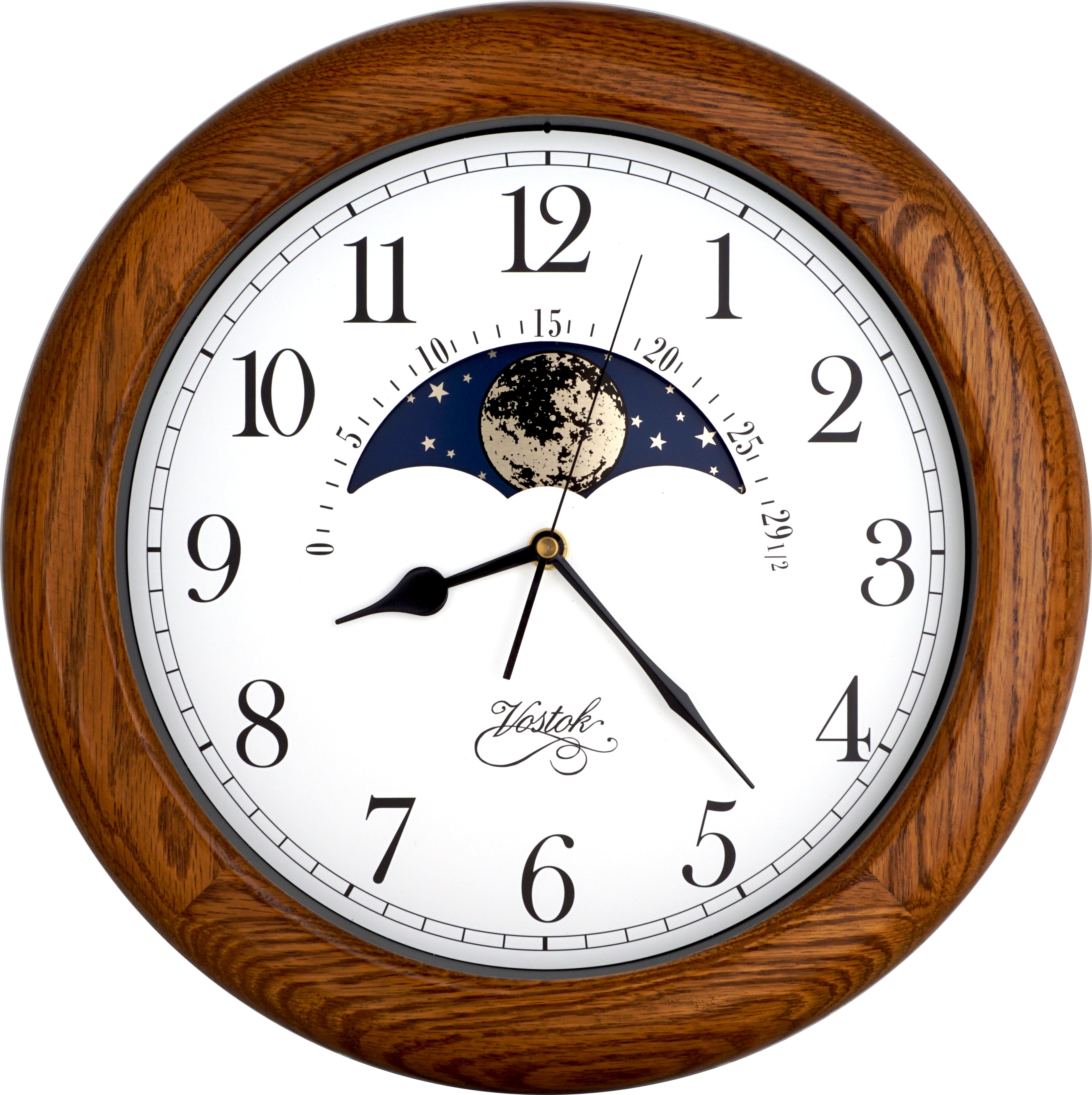 JUSTIME 14 Inch Exclusive Solid Oak Wood Non-Ticking Sweep Mechanical Specialty Moon Phase Moving Dial Wall Clock, Gift, Home Décor