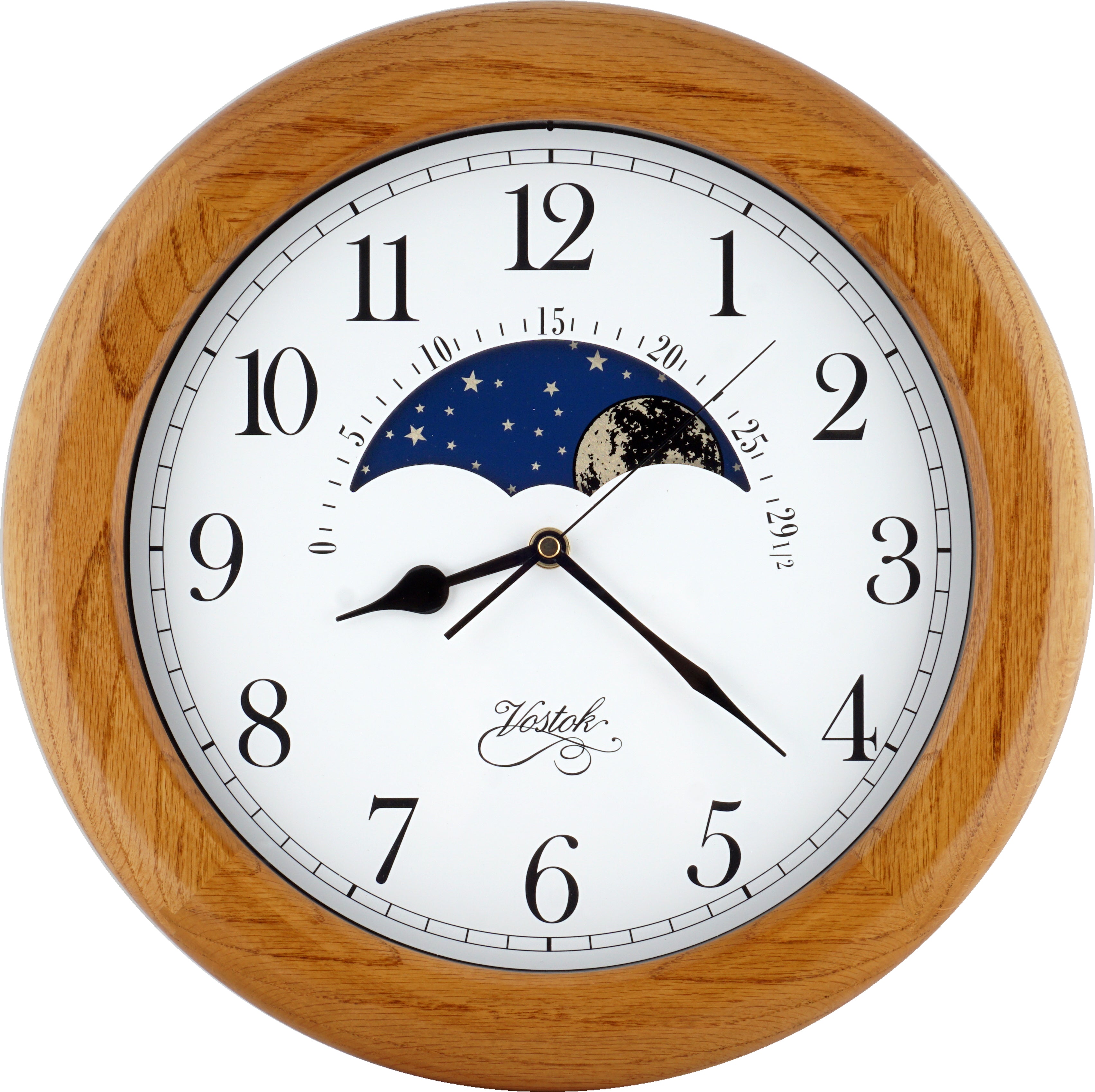 JUSTIME 14 Inch Exclusive Solid Oak Wood Non-Ticking Sweep Mechanical Specialty Moon Phase Moving Dial Wall Clock, Gift, Home Décor