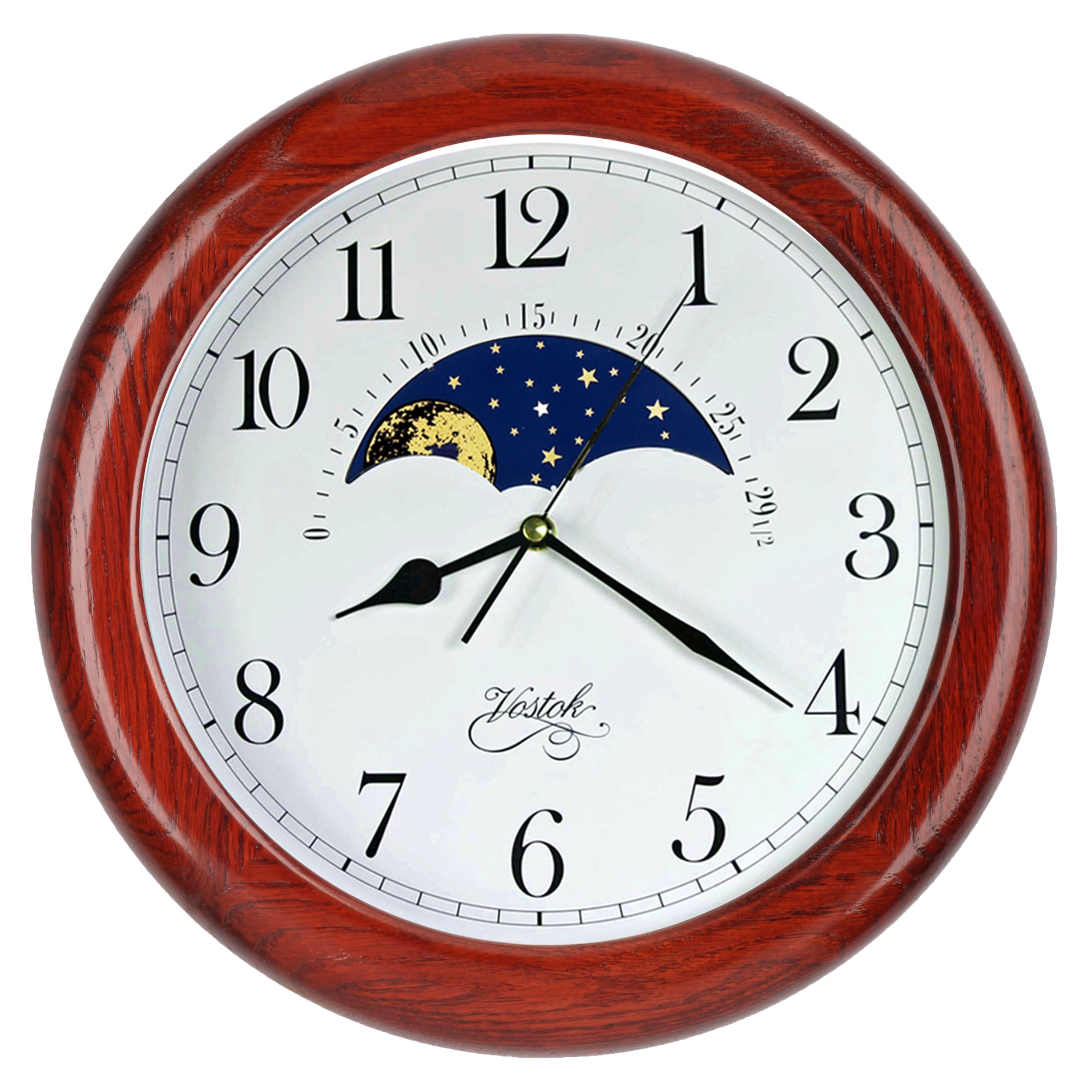 JUSTIME 14 Inch Exclusive Solid Oak Wood Non-Ticking Sweep Mechanical Specialty Moon Phase Moving Dial Wall Clock, Gift, Home Décor