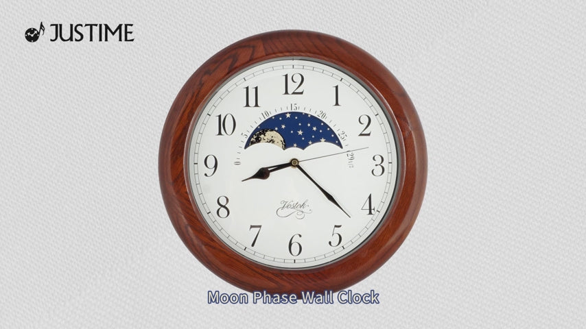 JUSTIME 14 Inch Exclusive Solid Oak Wood Non-Ticking Sweep Mechanical Specialty Moon Phase Moving Dial Wall Clock, Gift, Home Décor