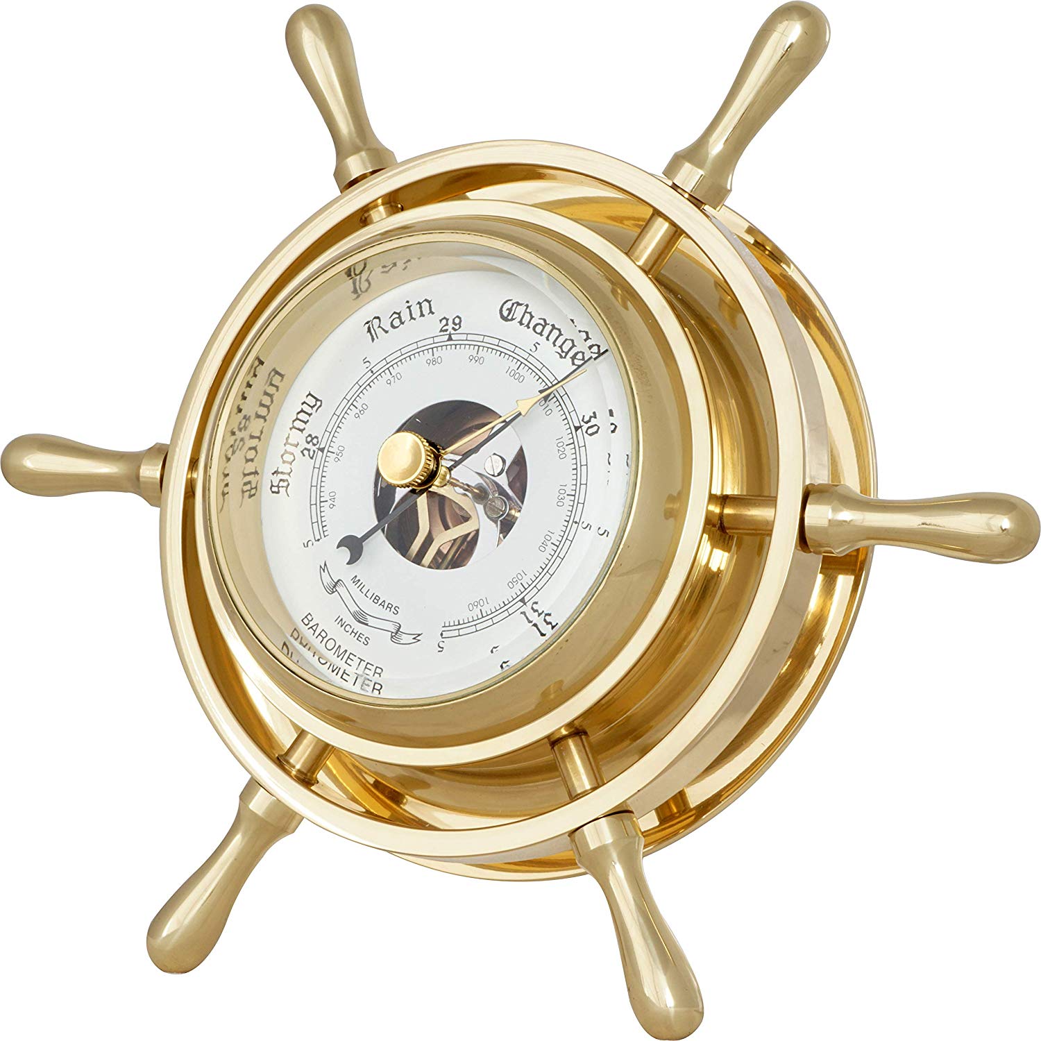 JUSTIME 3.5 Inch Antique Solid Brass Ship Wheel Barometer, Nautical Wall Hanging Décor SBM-35-SW-077